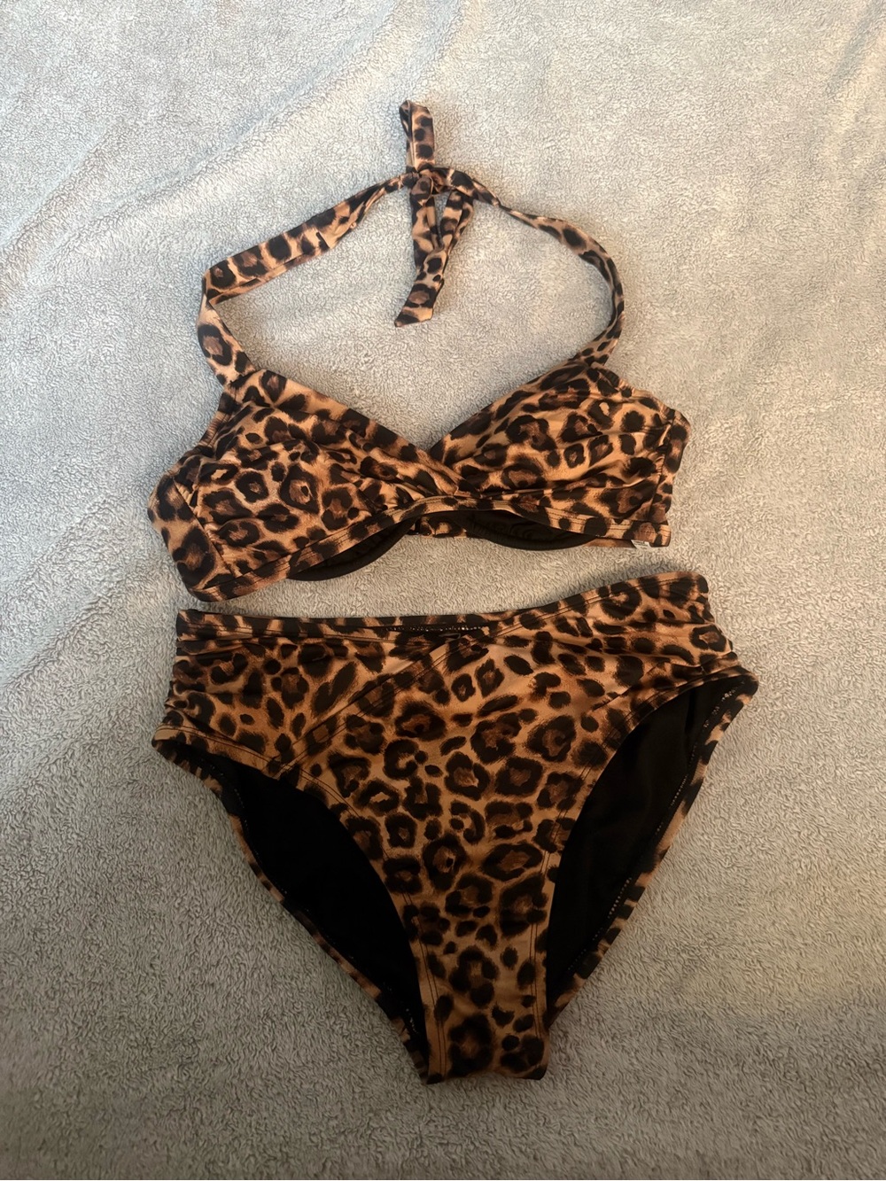 Leopard Print High Waist Bikini Set - Brown & Black